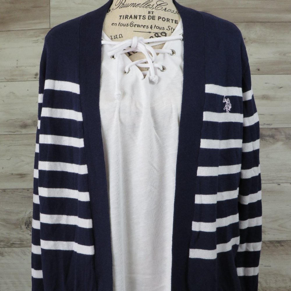 U.S. Polo‎ Assn.* Women's 2 Piece Set Cardigan Sweater Navy/White Blouse~ Medium